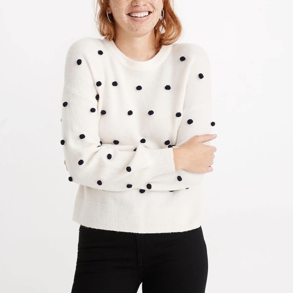 Madewell Cream Brockton Bobble Sweater Black Polka Dot in Coziest Yarn Crewneck - Picture 1 of 8